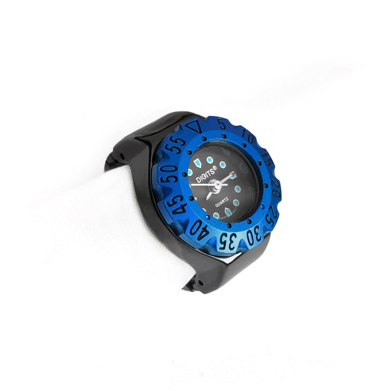 Lunar Diver Ring Watch in Jet Chrome with Blue Bezel by DIGITS
