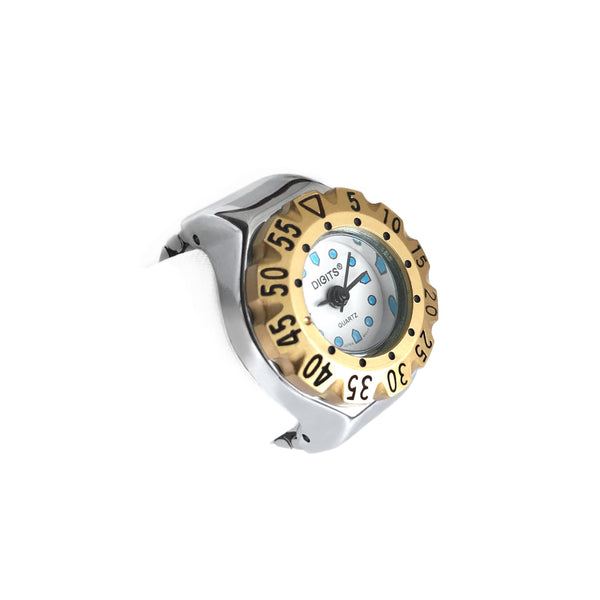 Stellar Diver Ring Watch in Silver with Gold Bezel by DIGITS