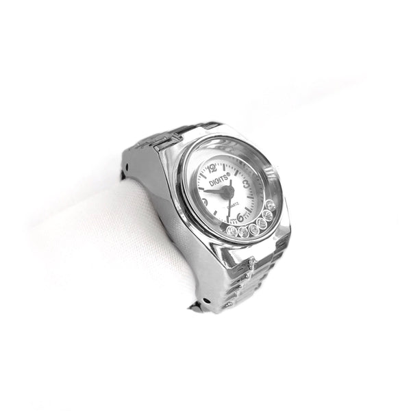 Stellar Floating Crystals Finger Ring Watch in Silver by DIGITS
