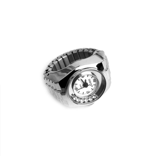 Stellar Floating Crystals Finger Ring Watch in Silver by DIGITS Watch
