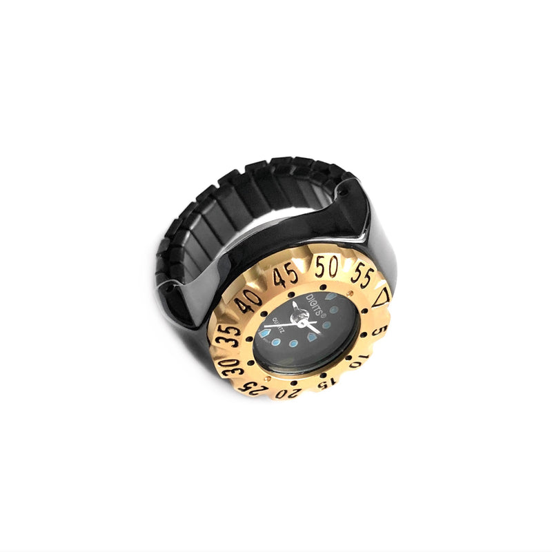 Lunar Diver Ring Watch in Jet Chrome with Gold Bezel by DIGITS Watch