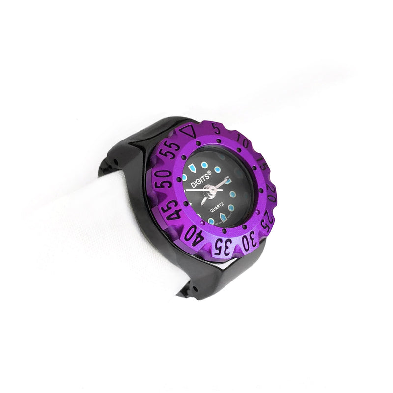 Lunar Diver Ring Watch in Jet Chrome with Purple Bezel by DIGITS